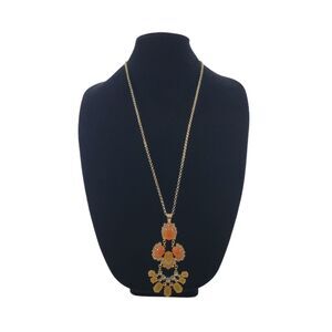 J. Crew 30" Long 18" Drop Pendant Necklace Orange Gold Rhinestone Opera Length